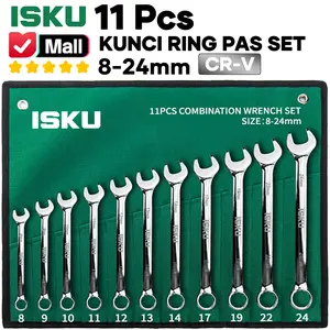 ISKU Kunci ring pas set 11pcs 8/9/10/11/12/13/14/17/18/19/21/22/24 mm bolak balik Combination spanner wrench bahan baja chrome vanadium/plum blossom open end combination wrench