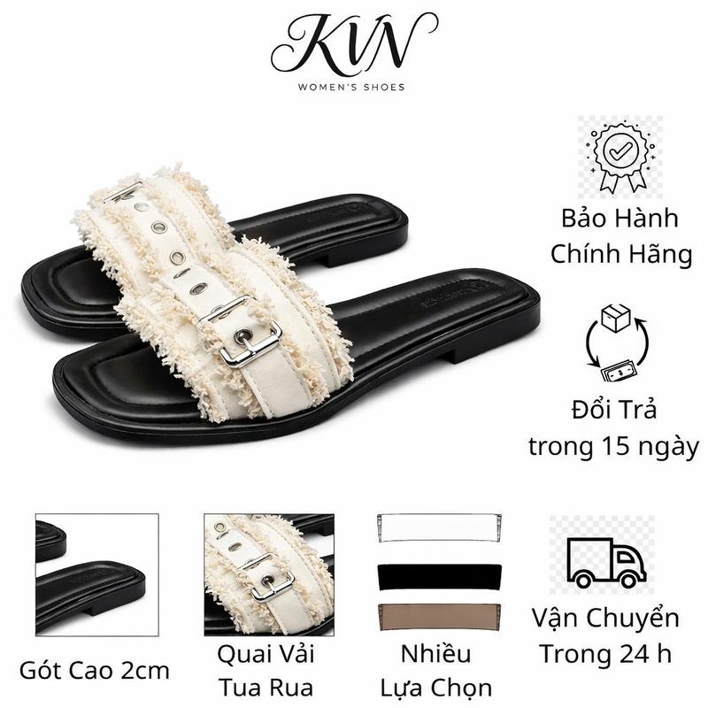 Dép lê tua tia cài khuy 2 màu kem đen xinh hot trend