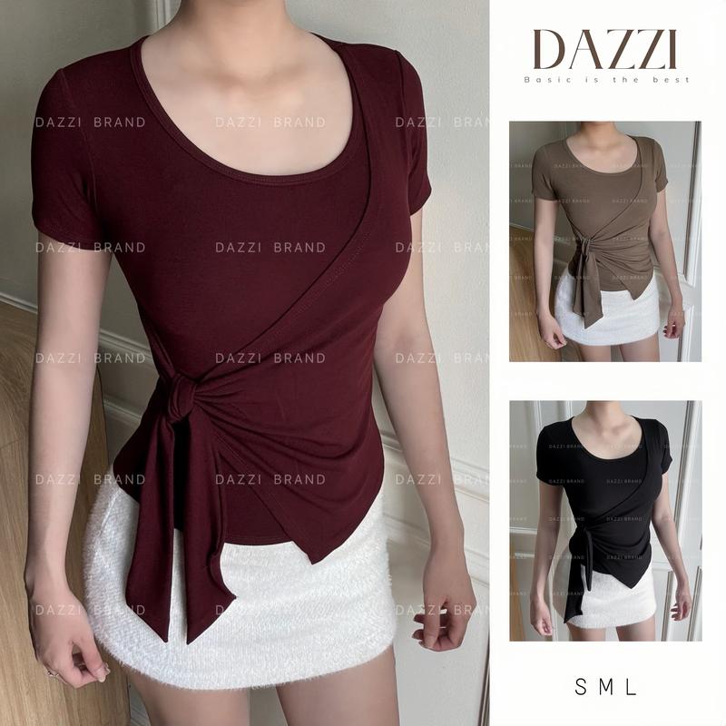  Áo thun nữ cổ vuông phối viền thiết kế dây rời thắt eo vạt xẻ tà vải cotton ôm body DAZZI Women A041 