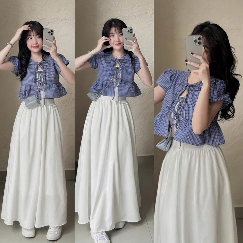 Set đồ nữ áo croptop thiết kế kẻ sọc tay ngắn bồng [Có Áo Lót] kèm chân váy dài xòe xinh xắn dành cho các nàng diện đi chơi, đi tiệc
