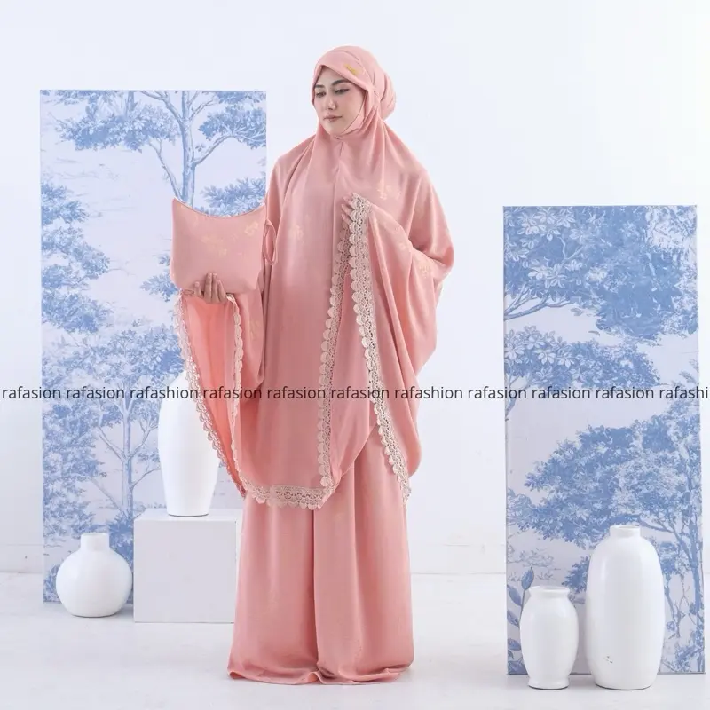 Ra Fashion - Mukena Armina Dewasa Pogy Crinkle Airflow Syar'i Penutup Dagu Motif Bunga Mewah Renda Cantik Panjang Atasan Traveling Beli Lokal Nyaman Lembut 8