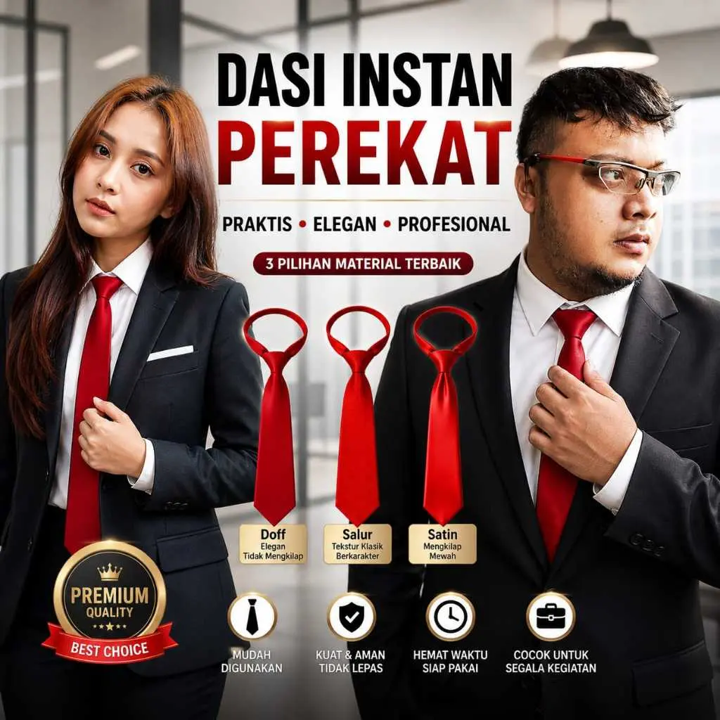 Dasi Merah Polos Pria Wanita Formal Instant dasi merah satin merah salur regular tinggal pakai dasi Instan