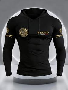 Camiseta con capucha de manga larga con estampado de águila y bandera de México para hombre, tela elástica cómoda, ropa deportiva casual para exteriores y fitness