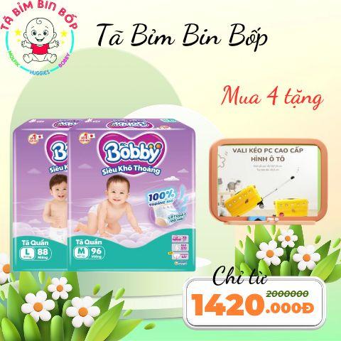 TẶNG VALI KÉO Combo 4 bịch Tã bỉm quần Bobby Ultra M96 L88 Xl76 Xxl70