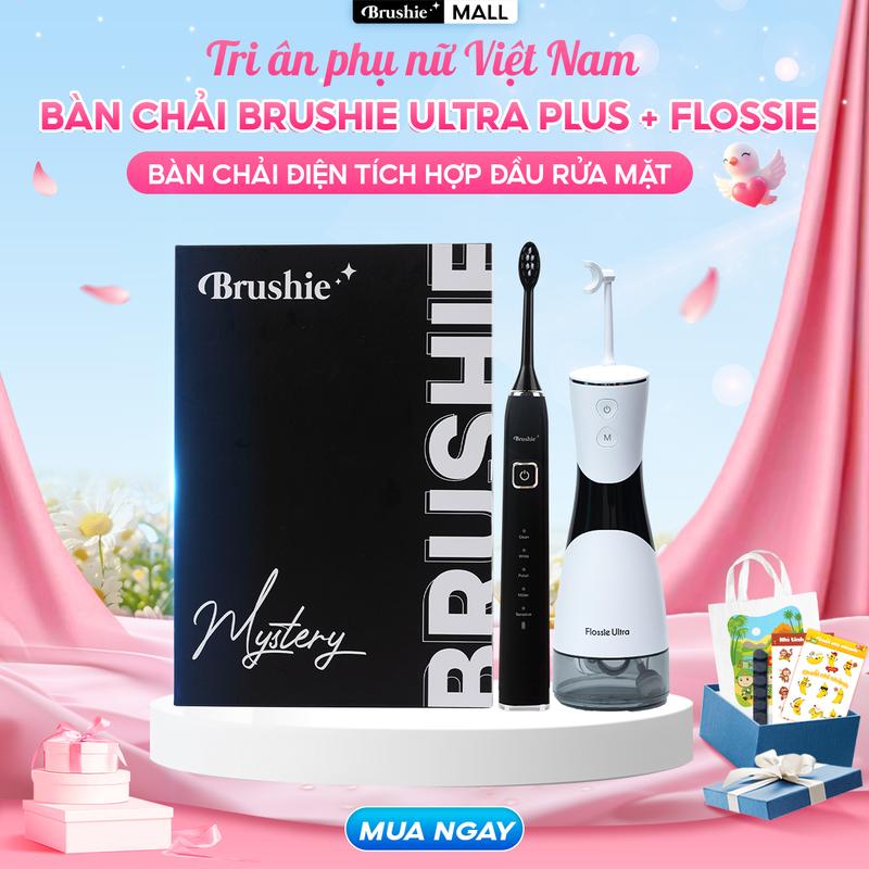 [FLASH SALE 99K] Combo bàn chải điện Brushie Promax chính hãng và tăm nước FLOSSIE ULTRA đầu phun 2 chiều hỗ trợ làm sạch hiệu quả  - TẶNG 2 TÚI CANVAS + 4 TẤM STICKER