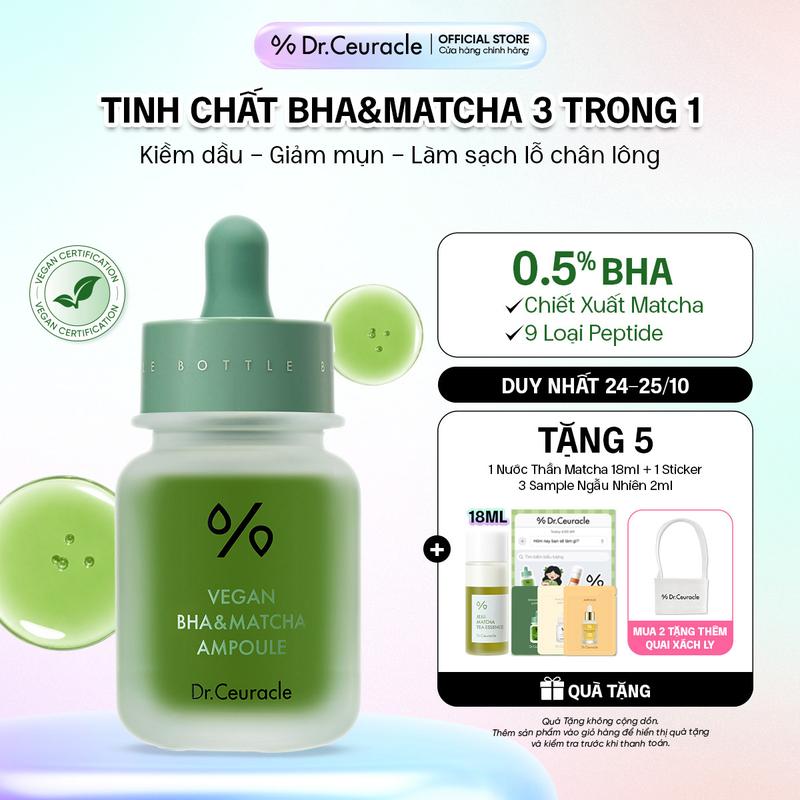 Tinh Chất Giảm Mụn Kiềm Dầu Loại Bỏ Tế Bào Chết Dr.Ceuracle Vegan BHA & Matcha Ampoule 30ml
