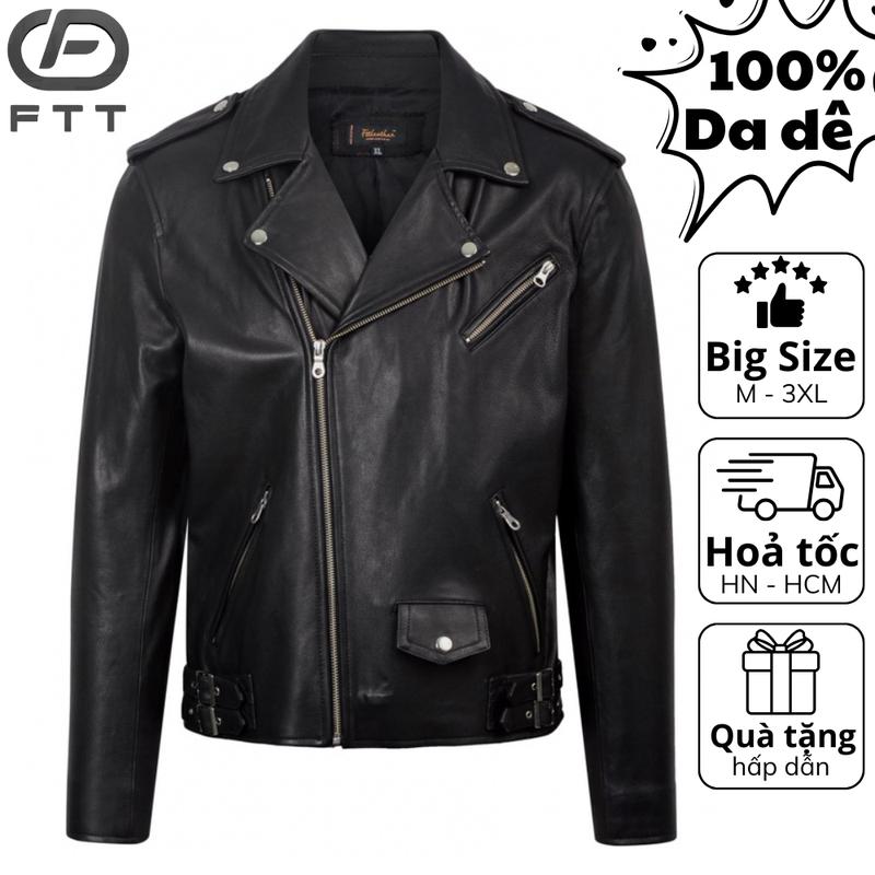 Áo khoác da dê nam Biker Jacket phối đai hông FTT Leather da thật bền bỉ không bong tróc nổ AD310