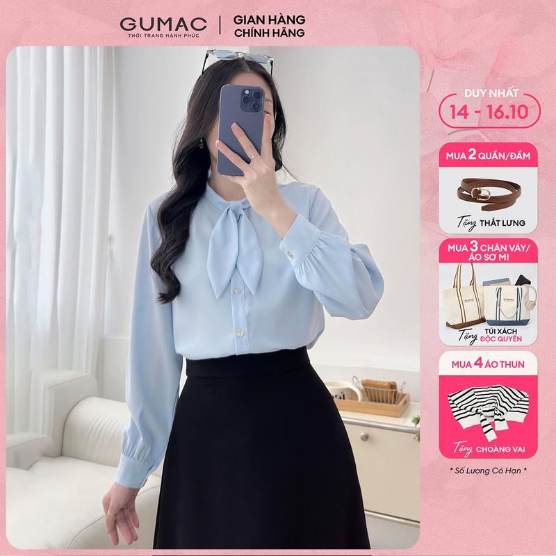 [MUA 3 TẶNG TÚI XÁCH] Áo sơ mi nữ kiểu cổ nơ màu trắng - xanh vải lụa mềm mát dáng suông tay dài thời trang GUMAC LAF0418