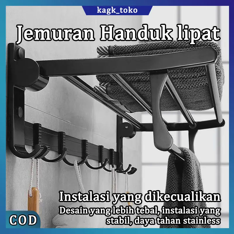 KAGK Gantungan Handuk Lipat Aluminium Rak Dinding Kamar Mandi Mandi Rak Multifungsi Rak Handuk Besi Hitam Minimalis