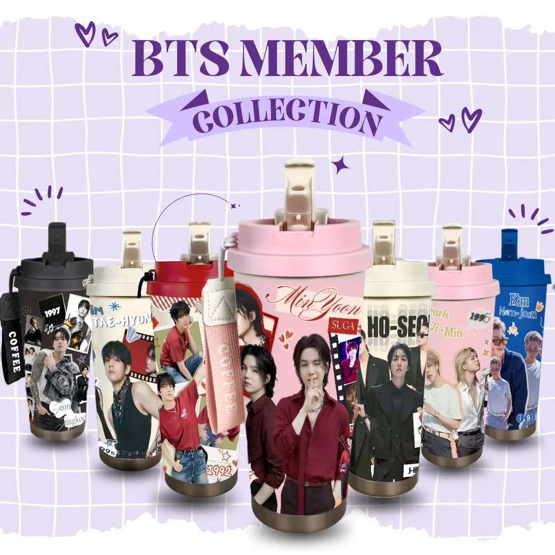 Tumbler BTS Member Collection Edition Stainless Steel SUS 316 500ml | Vacuum Insulated Anti Bocor & Tahan Panas Dingin | Botol Minum Aesthetic Kpop Fans Sekolah & Travel 20260618 - 202606