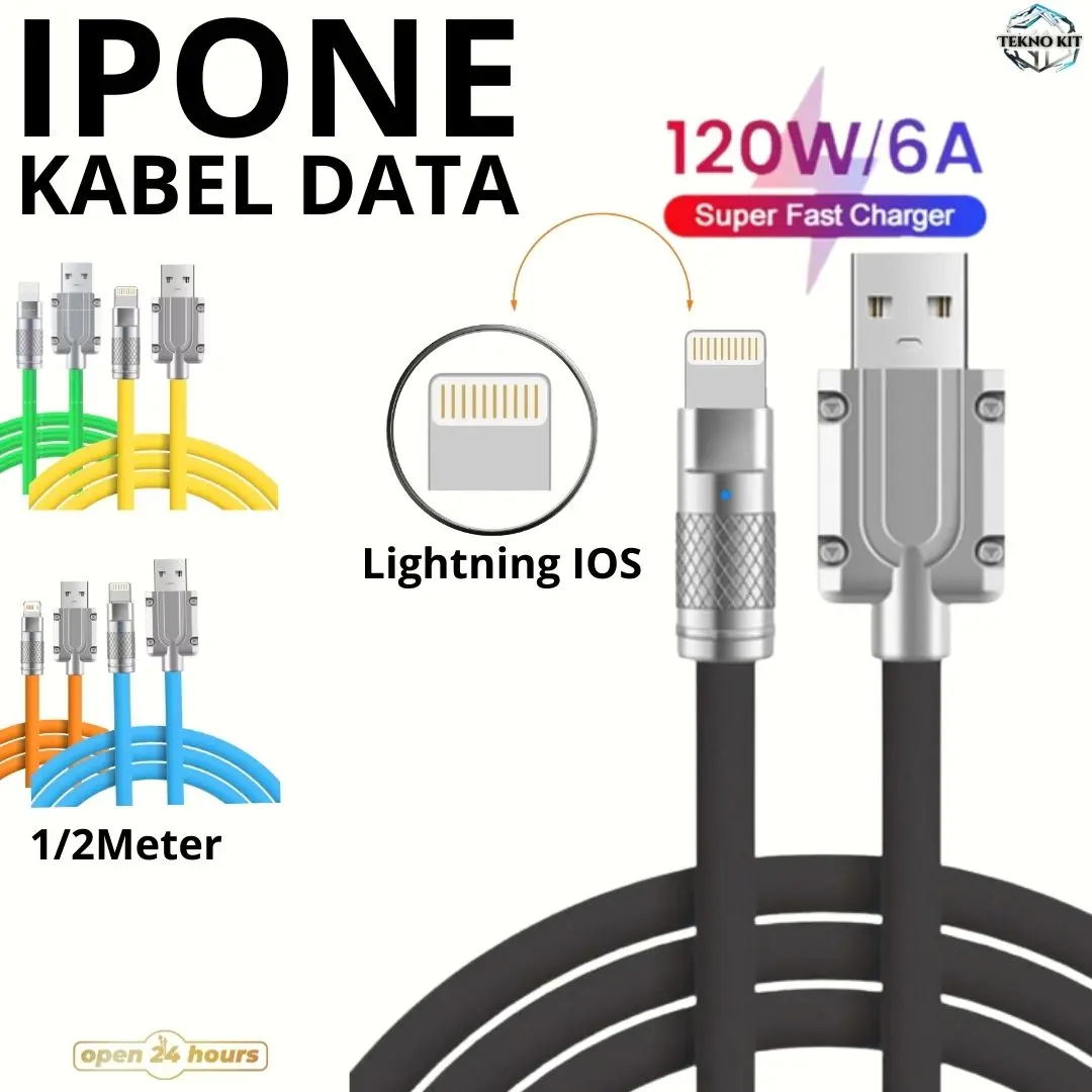 Kabel Data Lightning 120w 4A Kabel Silikon Cair Pengisian Super Cepat/Kabel Data Lightning USB Charger Untuk Iphon Zinc USB Line Kabel Data iPhone Cable USB to Lightning Fast Charging Kabel Data Ipone 1`/2 Meter Kabel Data IOS