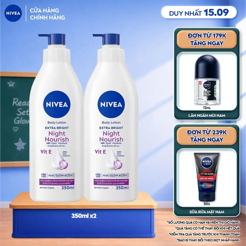 Bộ 02 Sữa Dưỡng Thể NIVEA Dưỡng Sáng Mịn Da Ban Đêm (350ml x2) – 98412x2