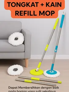 (BJ) Tongkat Handle Pel + Kain Spin Mop Alat Pel Lantai Set Mop Stick Kain Refill Spin Pel Mop