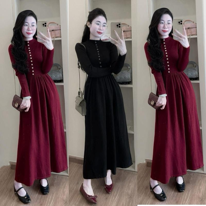 QC Chính Phẩm Live Sao Gửi Vậy Váy Len Dáng Dài Cổ 3p Phối Cúc Ngực Tùng Xoè Bồng Nhẹ Dễ Mặc 2 Màu Đỏ Đen Cho Nữ By DiepGz11125