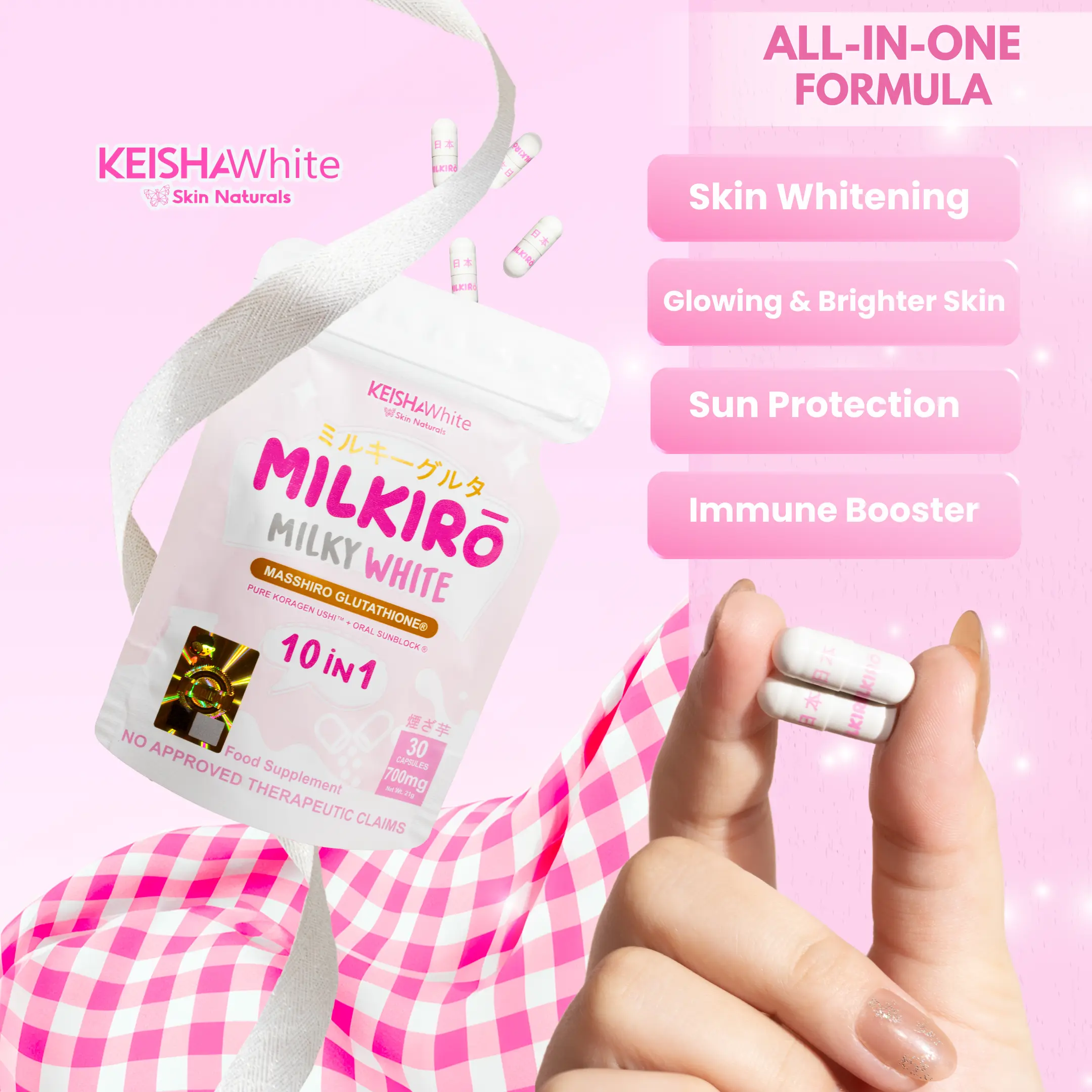2 PACKS: MILKIRO MILKY WHITE 10in1 Glutathione Capsules with Collagen, Oral  Sunblock, Vitamin I Whitens, Brightens,