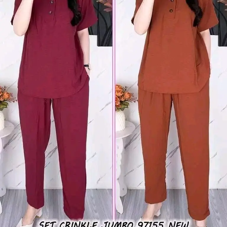 Setelan crinkle wanita celana panjang lengan pendek/ one set wanita kekinian terlaris Airflow Baju Kancing 5