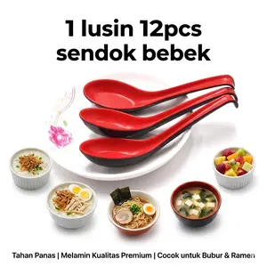 12 Pcs Sendok Ramen Bebek Semi Melamin Japan Style Sendok Bubur,Sup,Es Buah Sendok Plastik Besar Tebal Merah hitam Anti Panas Food Grade