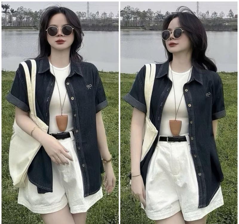 Sét đồ nữ 3 món áo khoắc jeab tay ngắn thêu logo kèm áo tăm lạnh và quần đùi mango trẻ trung năng động (có dây nịt)