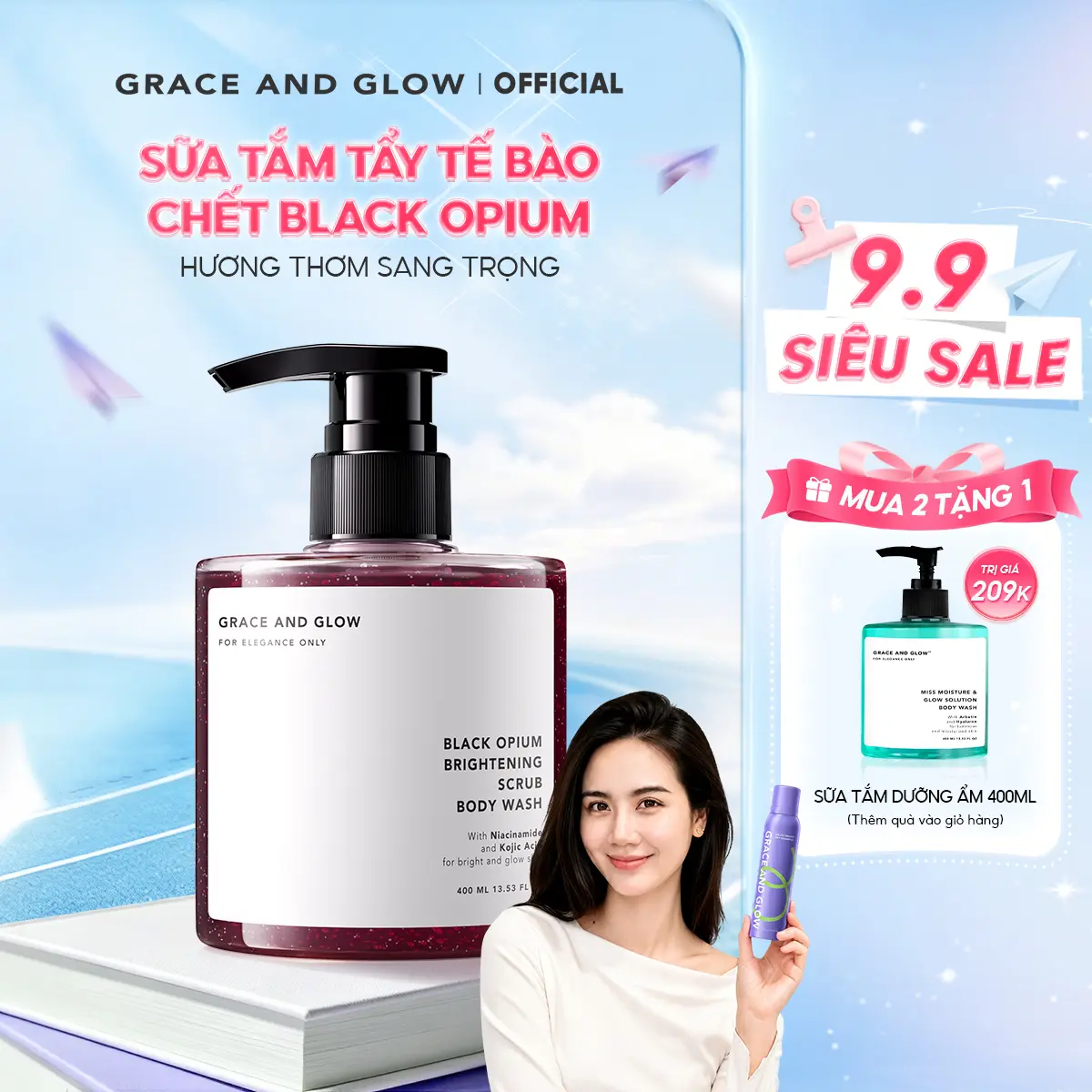 Sữa tắm tẩy tế bào chết Black Opium Scrub Grace and Glow Body Wash phiên bản mới