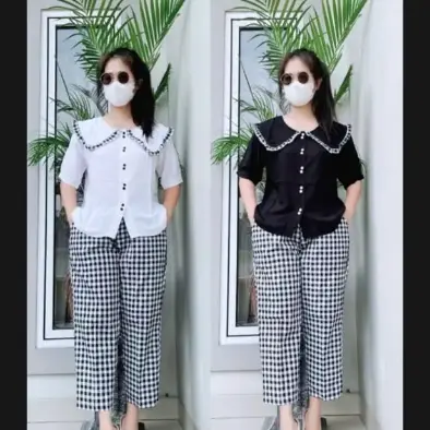 Baju Stelan Wanita kotak-kotak terbaru Pakaian Wanita 2 In 1 Wanita Casual Bahan Katun Kotak   Setelan