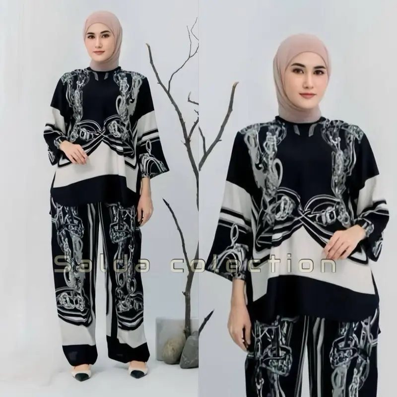 One set wanita kekinian salur kekinian layla rayon premium/Batik fashion/ dewasa Celana Panjang Setelan Wanita Formal Motif Nyaman 0