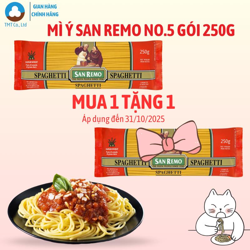 [Mua 1 tặng 1] Mì Ý Spaghetti San Remo No.5, khối lượng 250g, nhập khẩu Úc , làm từ lúa mì Durum, không phẩm màu