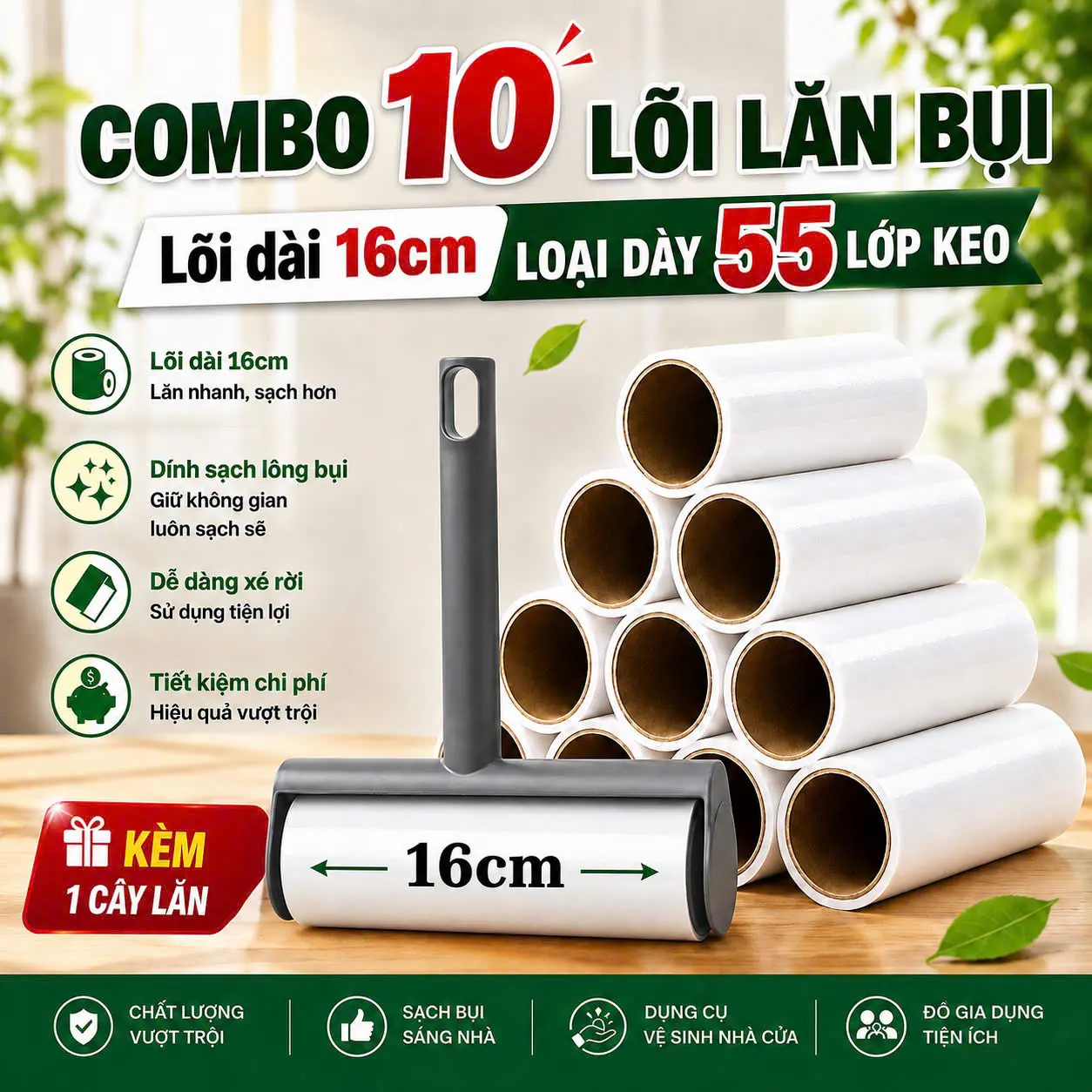 Lăn bụi COMBO 10 lõi kèm 1 cây lăn, Lõi lăn bụi có 3 KÍCH THƯỚC 10cm, 16 cm và 24cm LOẠI DÀY 55 LỚP KEO dùng để phủi bụi quần áo , bụi trong ôtô trên ghế sofa , trên chăn ga gối nệm giường ngủ tiện ích