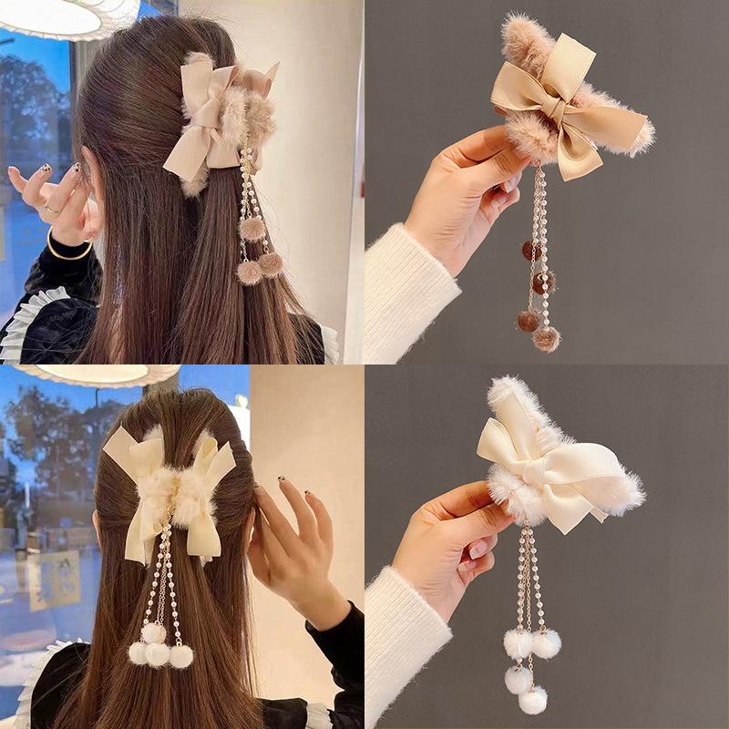 Plush Bow Tassel Hair Clip Back Head Spoon Grab Clip Women's 2024 New Large Shark Hair Headwear