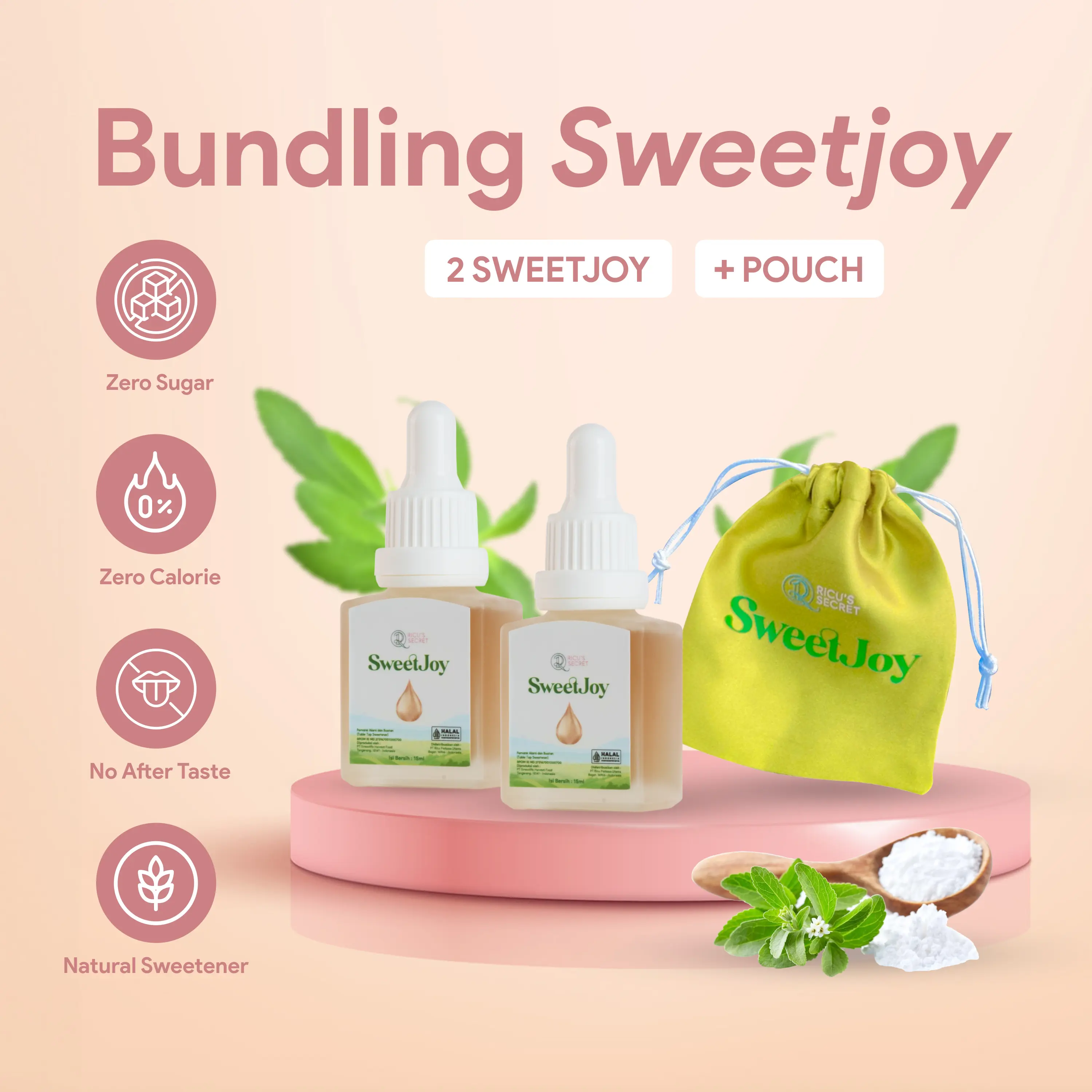 RICU'S SECRET 2 Botol Sweet Joy Stevia & Pouch - Natural Table Top Sweetener 0 Gula & 0 Kalori Pengganti Gula HALAL & BPOM 15ml No After Taste