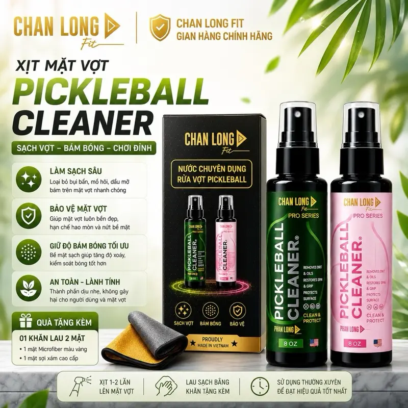 [Chính Hãng] Dung Dịch Vệ Sinh Mặt Vợt Pickleball CHANLONG – Làm Sạch – Bảo Vệ Lớp Carbon – Tăng Độ Bền & Độ Bám – Không Gây Mài Mòn + Tặng Khăn Lau – Mua 2 Tặng Thêm Bóng Pickleball