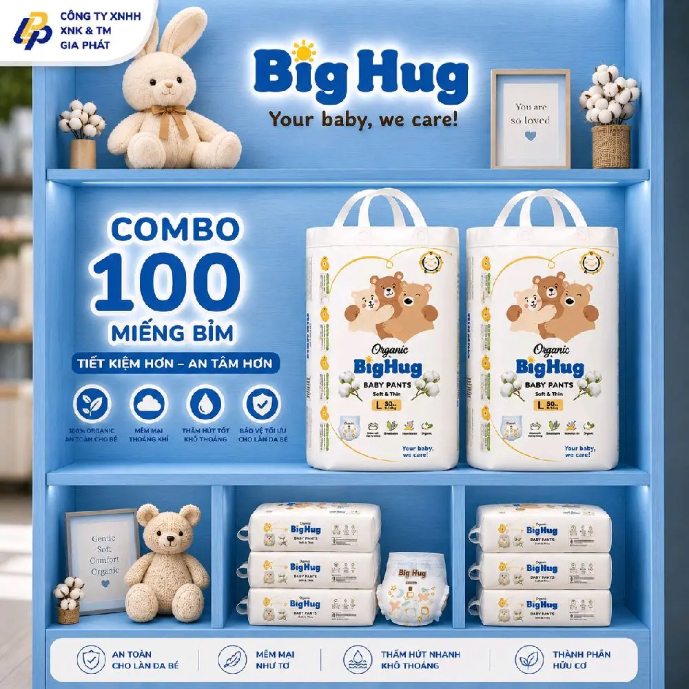 BIG HUG: Combo 2 bịch ( 100 miếng )   bỉm  quần / Tã dán . Form bo . Chun Đệm mây. Mềm mỏng 2mm . Thấm hút 500ml-800ml .Hàng Đủ size từ M Đến XXXL Cho Bé. Nhập khẩu chính nghạch. - 1