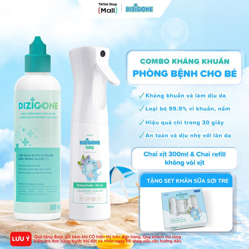 [Combo] Xịt kháng khuẩn DIZIGONE Baby 300ml & Dung dịch kháng khuẩn Dizigone (300 ml/ 500ml): Vệ sinh tay chân, cơ thể, đồ chơi, đồ dùng; phòng bệnh và bảo vệ bé