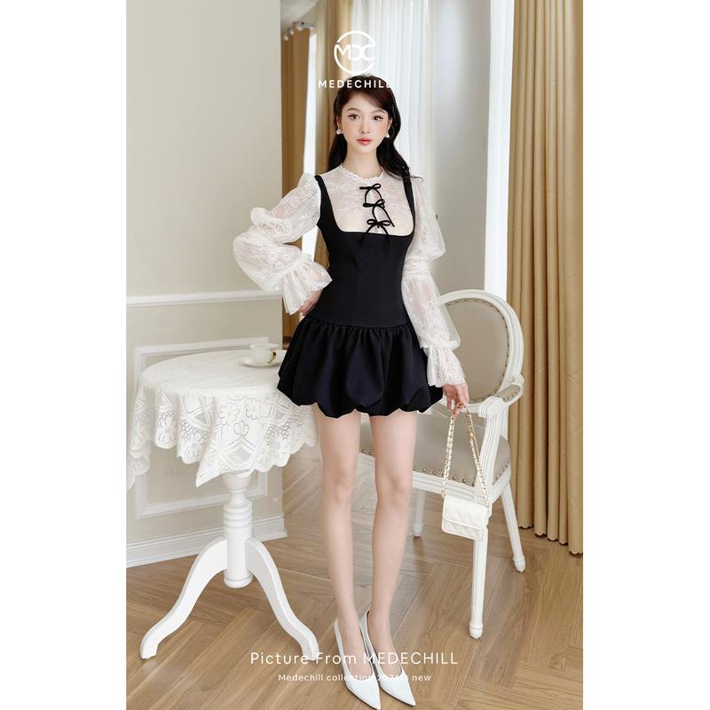 Váy Tiểu Thư MEDECHILL Chất Chéo Rubi Phối Ren Váy Bí, Cổ Tròn Đính Nơ Tay Xòe Bồng 3 Lớp Siêu Xinh V1298