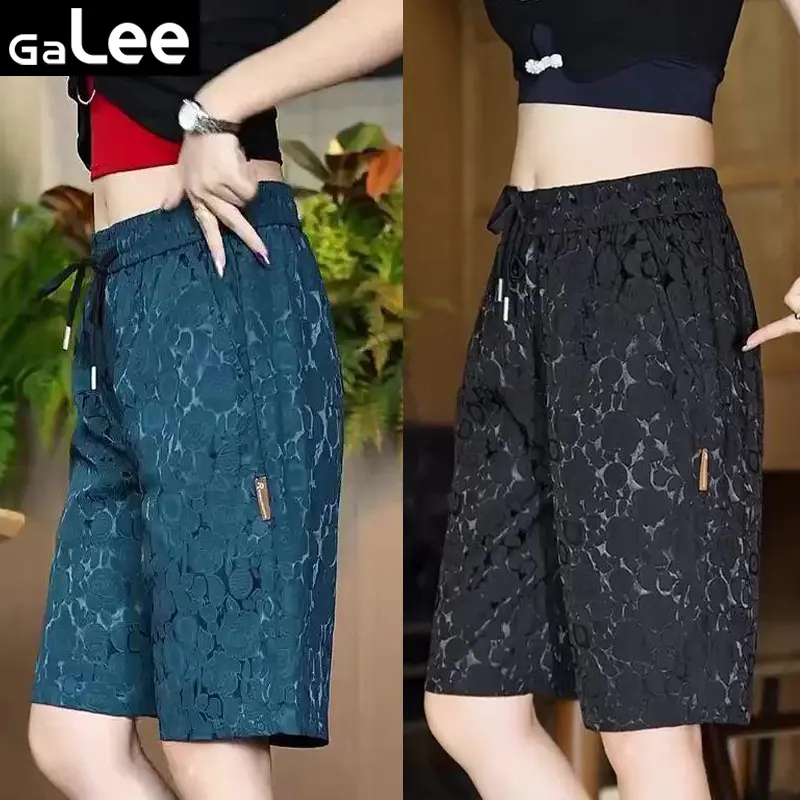 Jacquard cropped shorts for men in summer, thin casual straight leg men's shorts, loose and versatile, breathable mid length pants