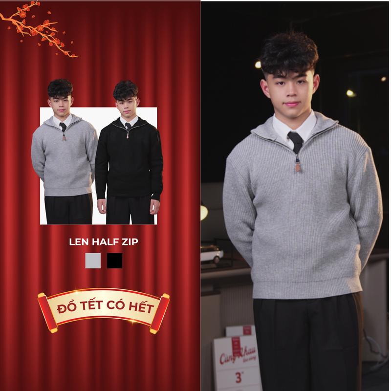 Áo len half zip ARMCEO Reno form dáng đẹp, khóa zip da sang trọng -AL03