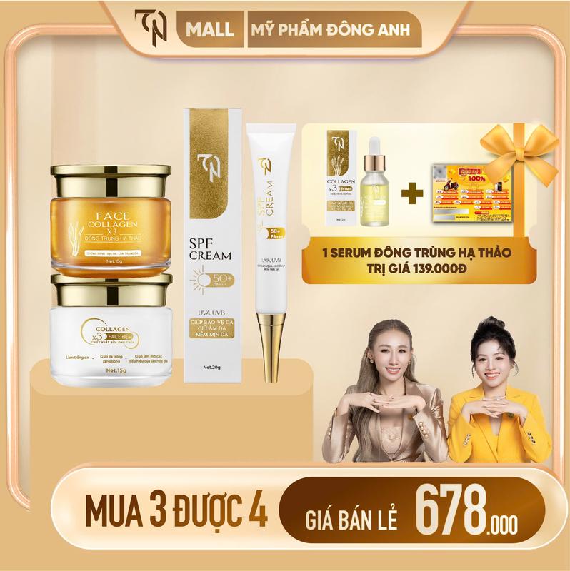 [ TẶNG PHIẾU + SERUM  ] - Kem Face Ngày Đông Trùng Hạ Thảo - Kem Face Đêm Collagen X3 Sữa Ong Chúa - Serum Đông Trùng Hạ Thảo - Kem Chống Nắng SPF 60++ - Hỗ Trợ Dưỡng Da Mờ Thâm , Nám , Sạm, Tàn Nhang - MỸ PHẨM ĐÔNG ANH