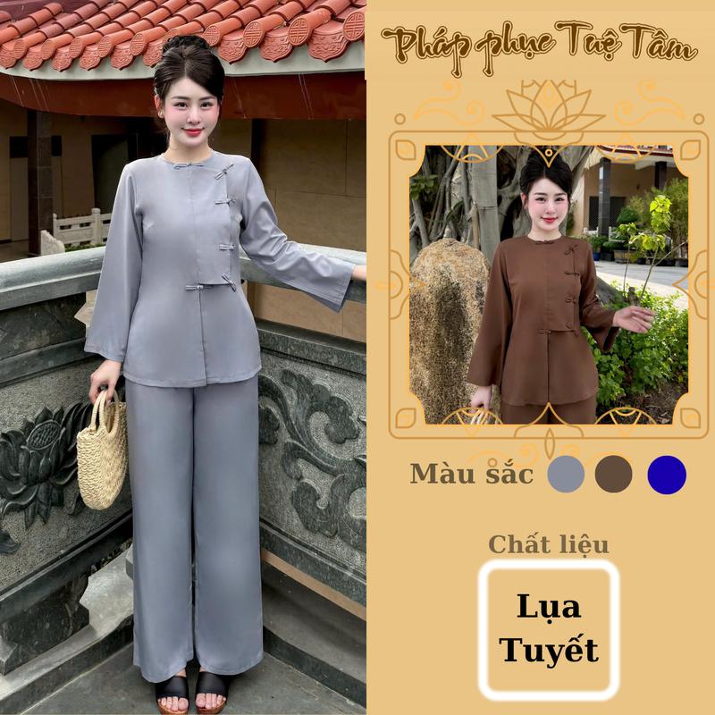 Pháp phục đi chùa đi khóa tu chất lụa tuyến mềm mát Đồ lam truyền thống dáng vạt hò cổ tròn dài tay