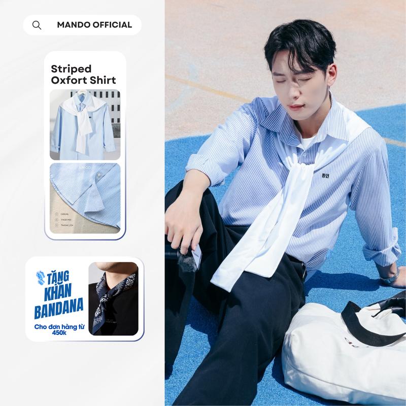 Best Seller Áo Sơ Mi Oxford-Shirt Kẻ Sọc Phối Khăn Regular Phong cách Hàn Quốc MANDO Menswear SHT031