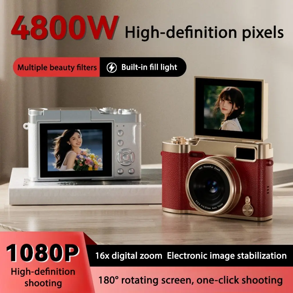New Layar Balik 180° Kamera Digital 48MP 16X Zoom Kamera Digicam LCD 2,4 Inci 4K Vlog Anti Goyang Filter Kamera Pocket untuk