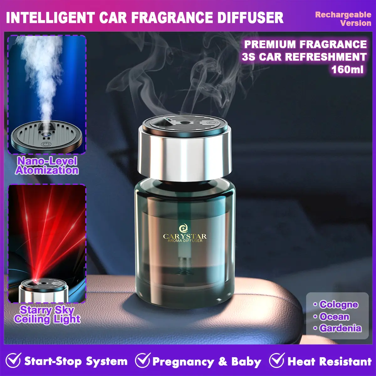 [SG Ready Stock] Car Fragrance, Car Air Freshener, Auto Perfume Diffuser With Formaldehyde Purifier, Metal Aromatherapy Cup, Car Fragrance Diffuser, Starry Sky Roof, Rechargeable, Auto Start/Stop, 160ML Large Capacity, Supplement