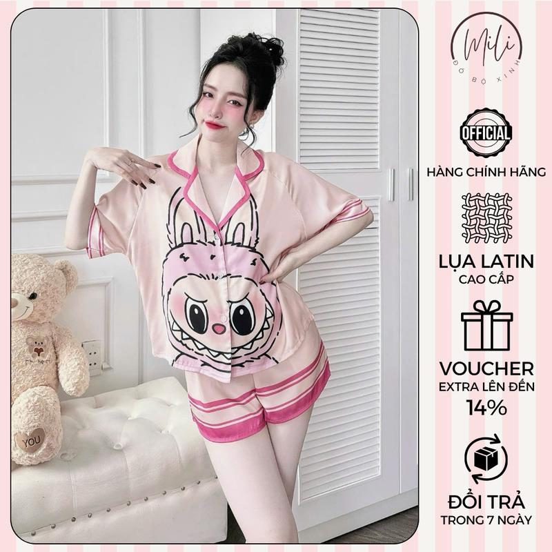 Đồ Bộ Pijama Nữ, Đồ Ngủ Lụa Latin Cao Cấp MiLi – Áo Tay Ngắn Croptop In 3D Labubu, Quần Đùi Có Túi Dễ Thương