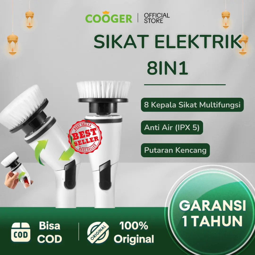 COOGER Sikat Pembersih Elektrik 8in1 Toilet Brush and Plungers Sikat Kamar Mandi WC Elektrik Gagang Putih Portable Cleaning