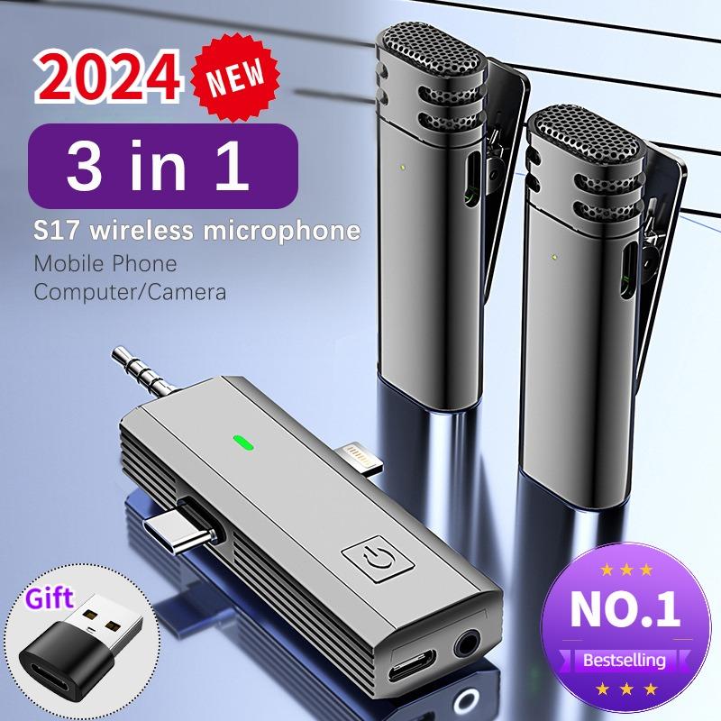 ⚡COD sent out within 24 hours 2024 Hot selling S17 3 In 1 Wireless mini Lavalier Microphone,Intelligent Noise Reduction Multipurpose Mic Compatible for iphone Android Smartphone/Speaker/Camera/computer 1