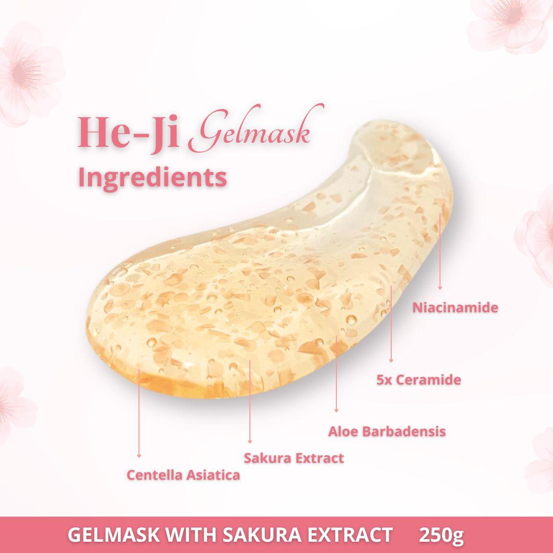 [HE-JI] Gel Mask With Sakura Extract 250gr - Skincare Masker Jelly Melembabkan, Mencerahkan & Menenangkan Kulit Berjerawat I For All Skin Type with Niacinamide 2%, Extract Sakura, 5x Ceramide & Centella Asiatica - UJI LAB SIG & BPOM APPROVED