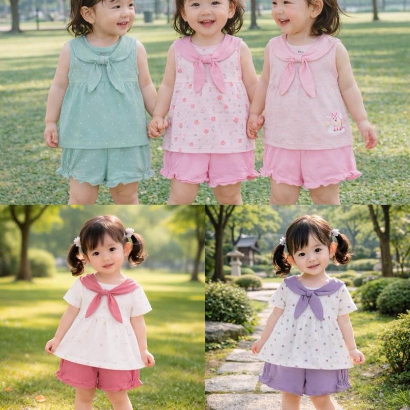  Bộ quần áo cộc tay và ba lỗ cổ nơ chất moadal petit cho bé từ 9 tháng đến 4 tuổi 