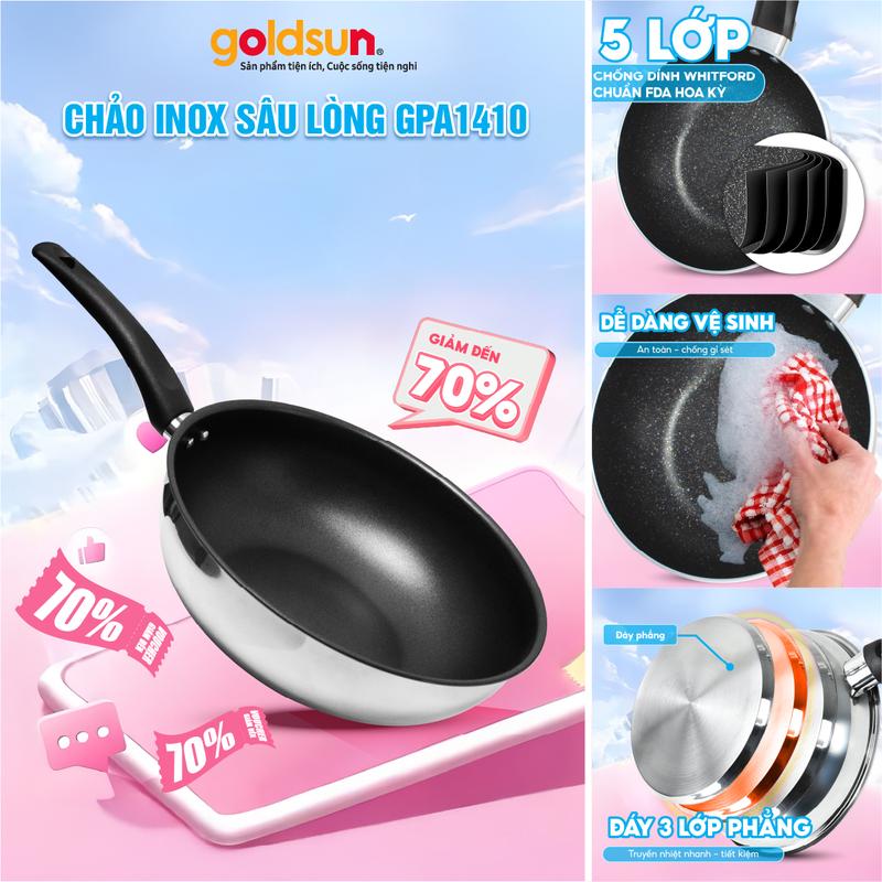 Chảo inox chống dính sâu lòng Goldsun đáy từ 3 lớp GPA1410 sử dụng trên mọi loại bếp