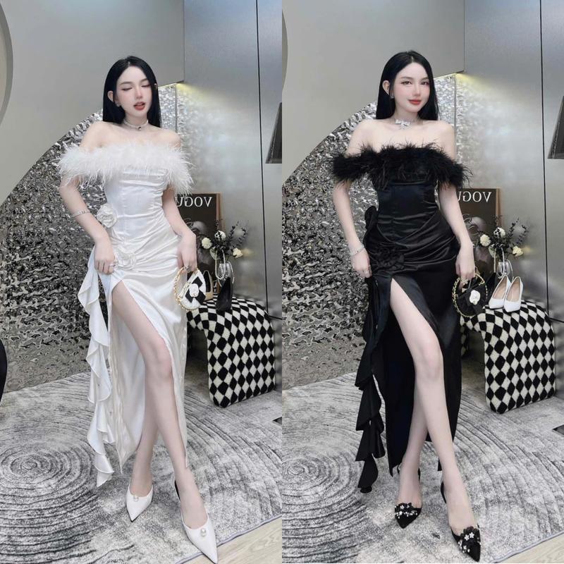 D614 (TÁO ĐỎ BIGSIZE 55-90KG) ĐẦM THIẾT KẾ BIGSIZE TRỄ VAI PHỐI LÔNG DÁNG DÀI SANG TRỌNG