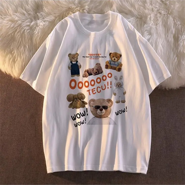 American retro plus size loose teddy bear short sleeved t-shirt for women, Korean version new trendy brand summer plus size women's couple top