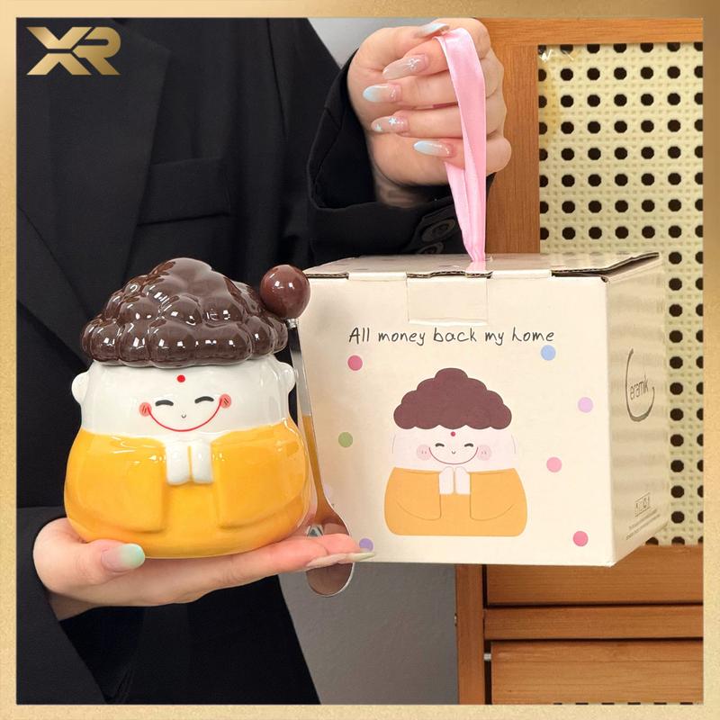 Cốc sứ hình tượng phật vui vẻ ngộ nghĩnh 420ml có nắp làm quà tặng bạn bè trang trí bàn - FB