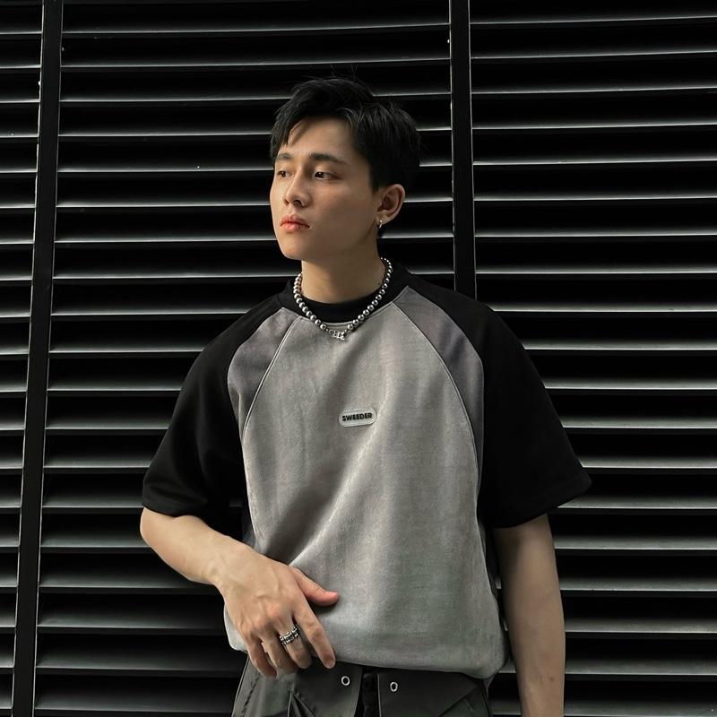 Áo thun tay lỡ vải da lộn DATO màu ĐEN/XÁM - áo phông phối màu form rộng unisex nam nữ/ Jaystoree Menswear Cổ Tròn